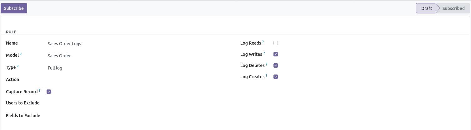 Audit Log Rule Form View Audit Log Rule Form View